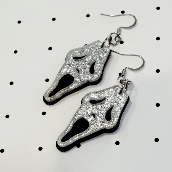 Silver Glitter Ghostface Mask Earrings Stainless Steel Hooks Scary Movie 90s - Picture 3 of 4